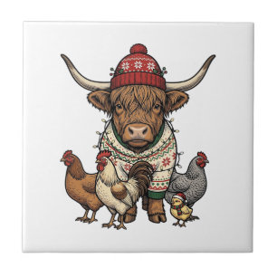 Azulejo De Cerâmica Vaca Alta Escocesa de Natal e Galinhas Engravura V
