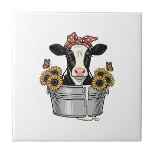 Azulejo De Cerâmica Vaca Antiga em Tubo Girassol Borboleta Vetor Desi