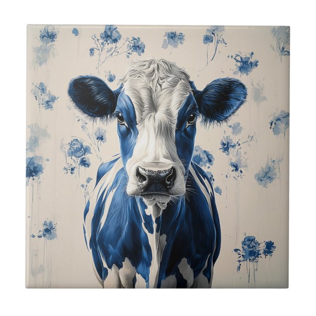 Azulejo De Cerâmica Vaca Azul Delft - Um Tributo Artístico Eterno (Frente)