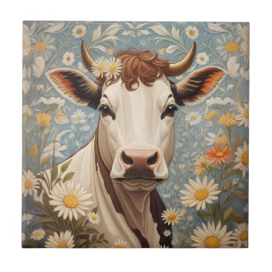 Azulejo De Cerâmica Vaca Bonita Com Flores De Margarida
