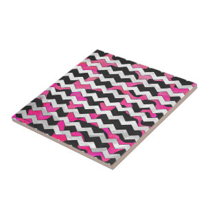 Azulejo De Cerâmica Vaca Chevron, rosa quente e Impressão preto