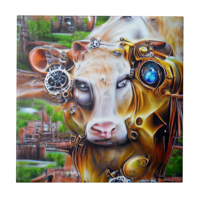 Azulejo De Cerâmica Vaca cibernética Steampunk (Frente)
