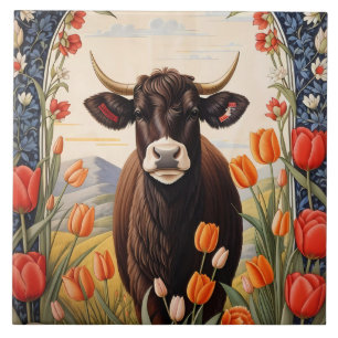 Azulejo De Cerâmica Vaca Cuta Com Tulipas