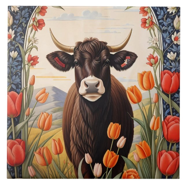 Azulejo De Cerâmica Vaca Cuta Com Tulipas (Frente)