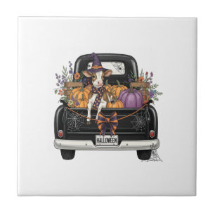 Azulejo De Cerâmica Vaca das Terras Altas de Halloween com Caminhão