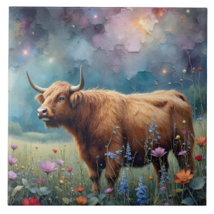 Azulejo De Cerâmica Vaca das Terras Altas em Tapeçaria Floral Colorida
