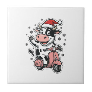 Azulejo De Cerâmica Vaca de Natal Andando de Scooter Rosa Vetor Vintag