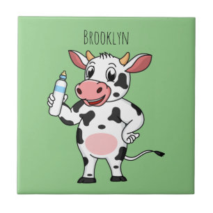 Azulejo De Cerâmica Vaca feliz com cartum de mamadeira