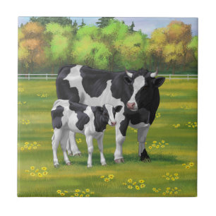 Azulejo De Cerâmica Vaca Holstein e Vitelo Fresco na Pastagem de Verão