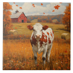 Azulejo De Cerâmica Vaca Leiteira Paisagem Rural de Outono