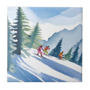 Azulejo De Cerâmica Vamos Esquiar Pintura em Aquarela de Inverno