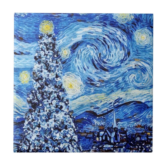 Azulejo De Cerâmica Van Gogh - A Noite Estrelada - Natal Branco (Frente)
