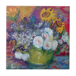 Azulejo De Cerâmica Van Gogh - ainda vida com rosas e girassóis