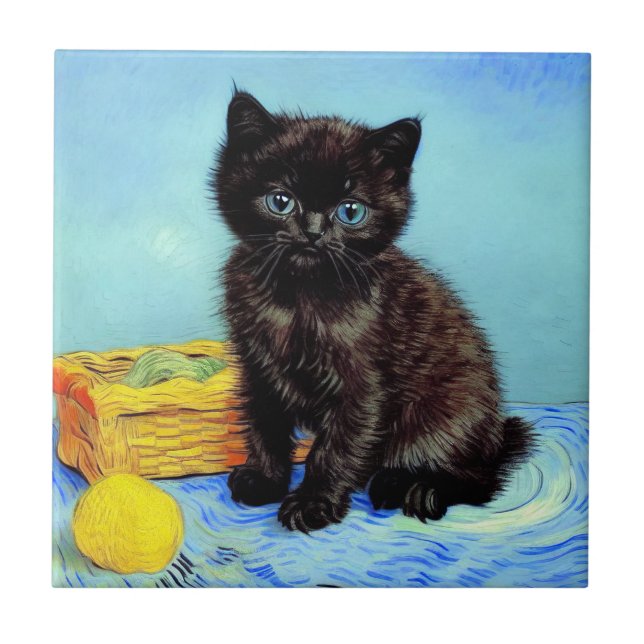 Azulejo De Cerâmica Van Gogh Black Kitten com Yarn (Frente)