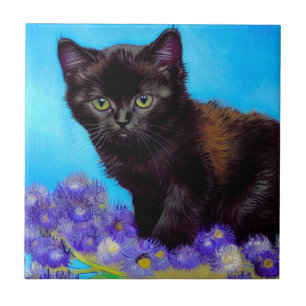Azulejo De Cerâmica Van Gogh Cat e Flores