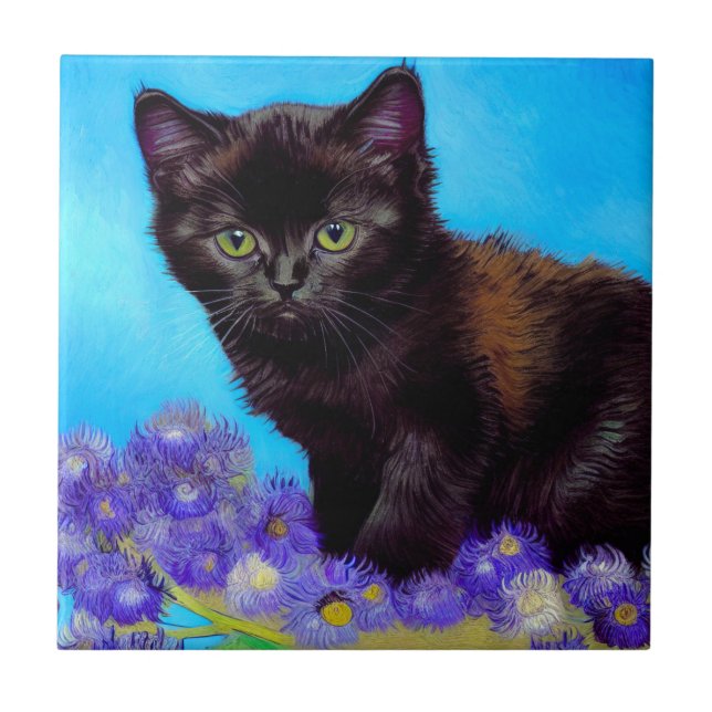 Azulejo De Cerâmica Van Gogh Cat e Flores (Frente)