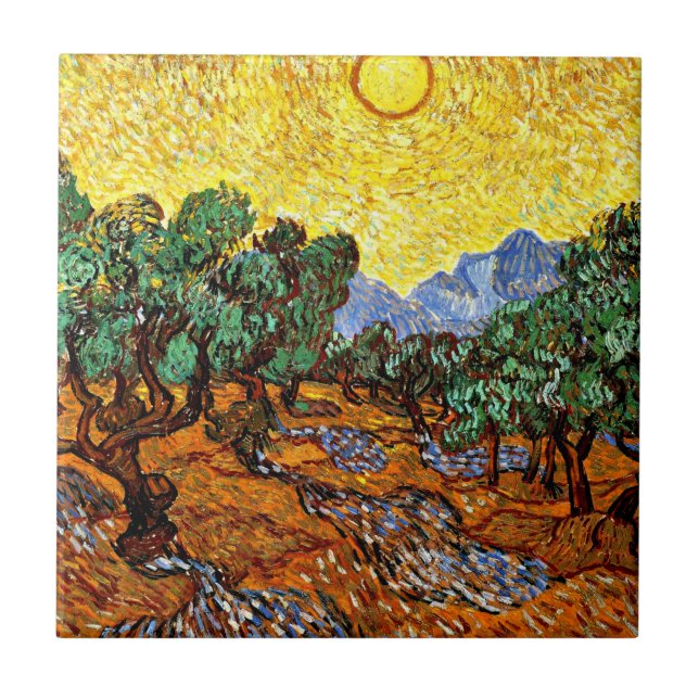 Azulejo De Cerâmica Van Gogh - Oliveiras com Céu Amarelo e Sol (Frente)