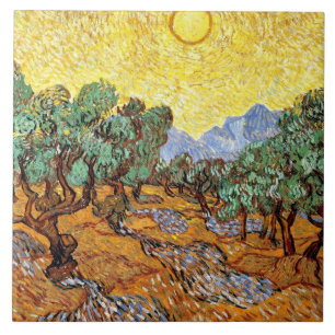 Azulejo De Cerâmica Van Gogh: Oliveiras com Céu Amarelo e Sol