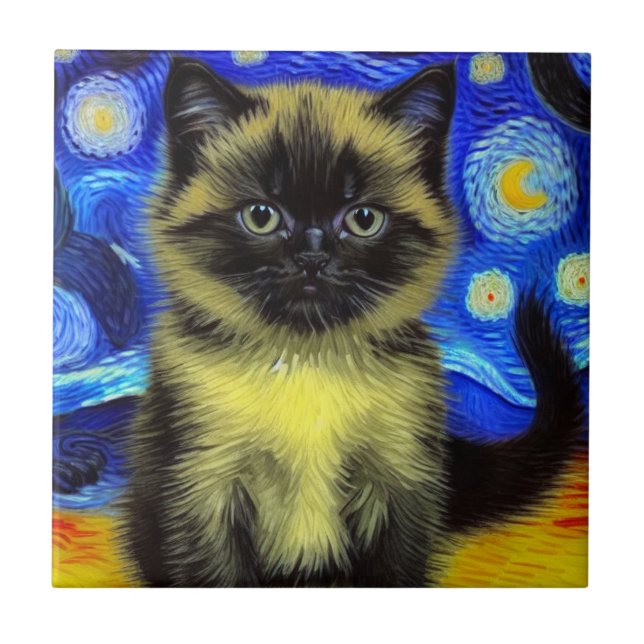 Azulejo De Cerâmica Van Gogh Starry Night Siamese Cat (Frente)
