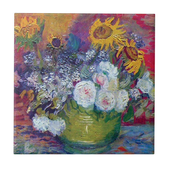 Azulejo De Cerâmica Van Gogh - Vida Estática Com Rosas E Girassóis (Frente)