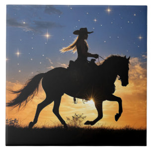 Azulejo De Cerâmica Vaqueira e cavalo Fantasia do pôr do sol Country W