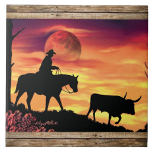Azulejo De Cerâmica Vaqueiro e Touro Longhorn