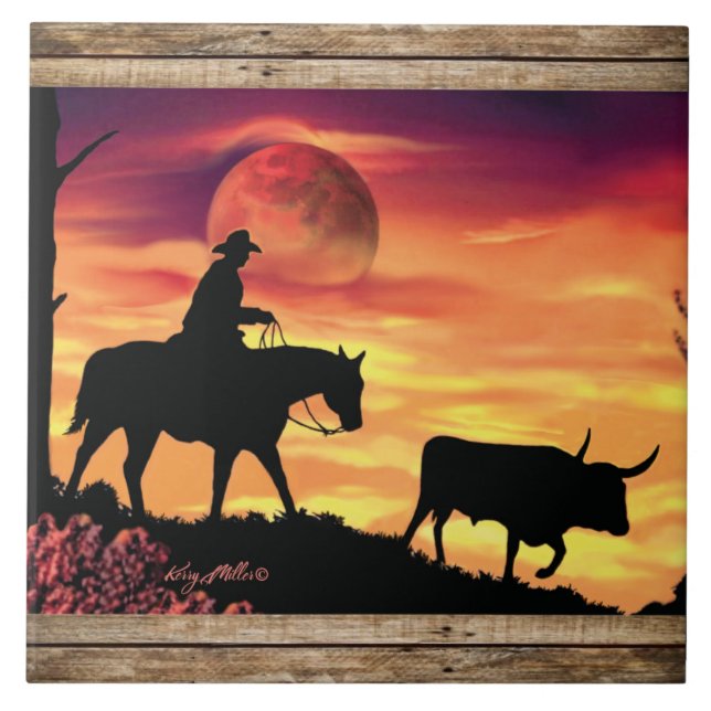 Azulejo De Cerâmica Vaqueiro e Touro Longhorn (Frente)
