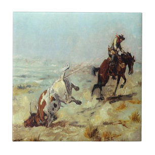Azulejo De Cerâmica Vaqueiro ocidental que Roping um boi