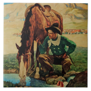 Azulejo De Cerâmica Vaqueiro Regando seu Cavalo por NC Wyeth