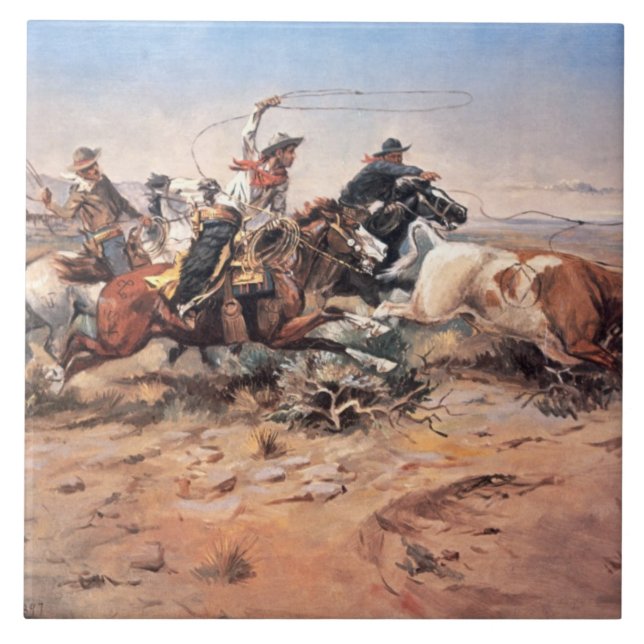 Azulejo De Cerâmica Vaqueiros que roping um boi, 1897 (óleo em canvas) (Frente)