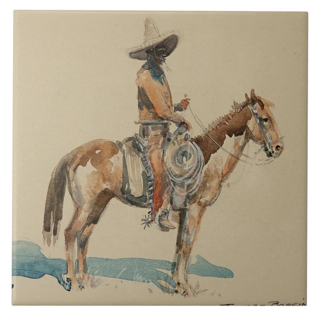 Azulejo De Cerâmica "Vaquero" Arte Ocidental de Edward Borein (Frente)