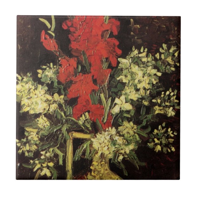 Azulejo De Cerâmica Vase com Gladioli, Cravos por Vincent van Gogh (Frente)