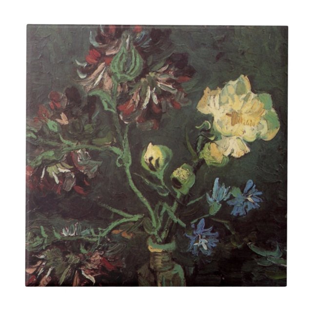Azulejo De Cerâmica Vase com Myosotis e Peonies por Vincent van Gogh (Frente)