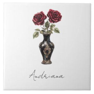Azulejo De Cerâmica Vase Floral Vermelho Negro