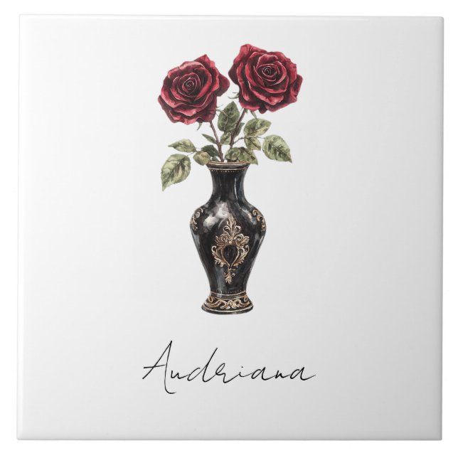 Azulejo De Cerâmica Vase Floral Vermelho Negro (Frente)