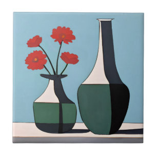 Azulejo De Cerâmica Vases Pretas e Brancas com Flores Vermelhas