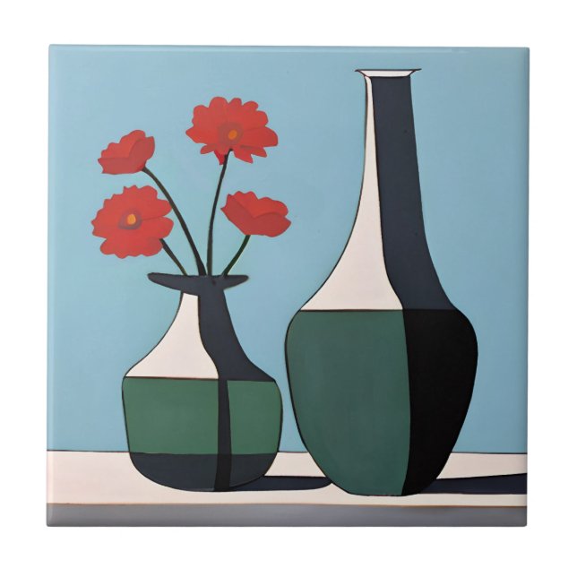 Azulejo De Cerâmica Vases Pretas e Brancas com Flores Vermelhas (Frente)