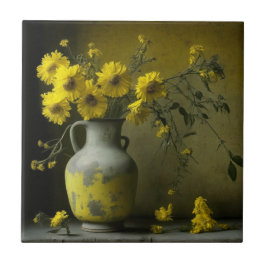 Azulejo De Cerâmica Vaso Antigo de Flores Amarelas