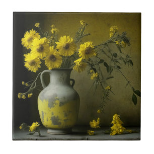 Azulejo De Cerâmica Vaso Antigo de Flores Amarelas