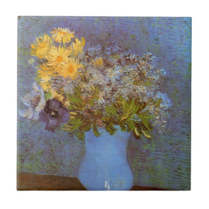 Azulejo De Cerâmica Vaso com Lilases e Margaridas por Vincent van Gogh