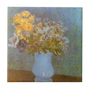Azulejo De Cerâmica Vaso de lilases, margaridas e anêmonas de Vincent 