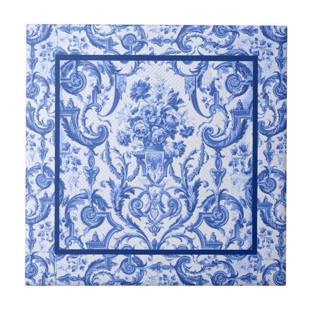 Azulejo De Cerâmica Vaso floral Elegante Monograma azul toile de jouy (Frente)