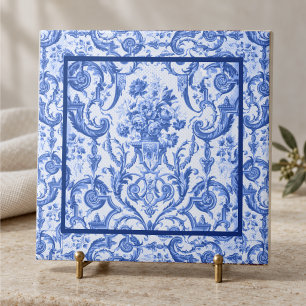 Azulejo De Cerâmica Vaso floral elegante Toile de Jouy azul monograma