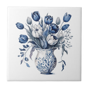 Azulejo De Cerâmica Vaso Floral Vintage Azul Chinoiserie