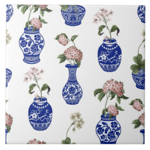Azulejo De Cerâmica Vasos e flores azuis de Chinoiserie