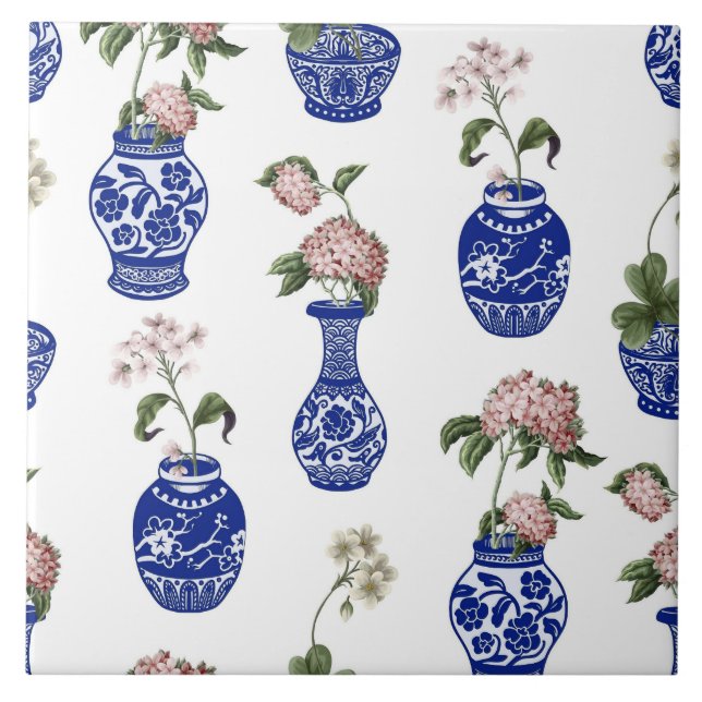 Azulejo De Cerâmica Vasos e flores azuis de Chinoiserie (Frente)