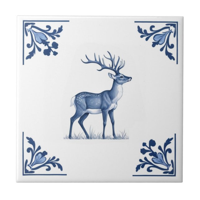 Azulejo De Cerâmica Veado com galhos Delft Blue e White Corners (Frente)