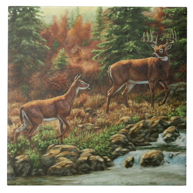 Azulejo De Cerâmica Veado-de-Whitetail e Waterfall (Frente)