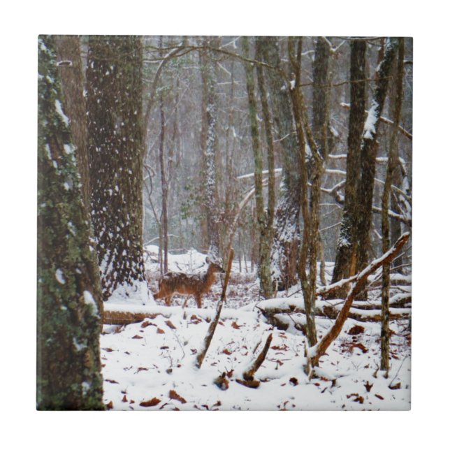Azulejo De Cerâmica Veado na neve cai (Frente)