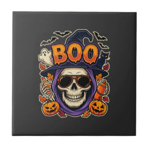 Azulejo De Cerâmica Vector de Óculos de Sol Crânio Boo de Halloween